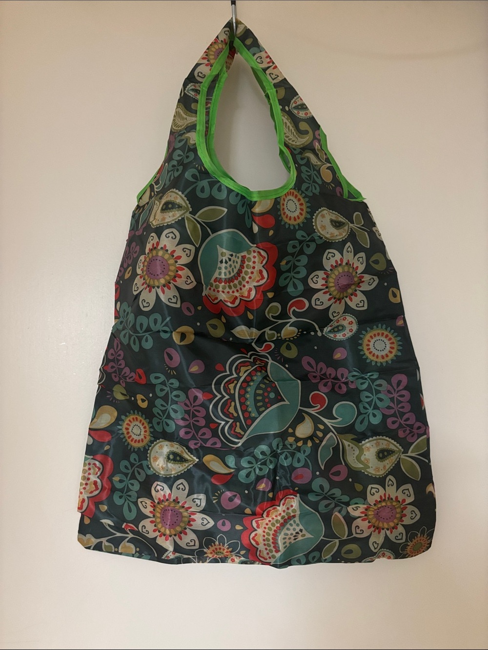 Foldable Floral Tote Bag with Bright Green Trim